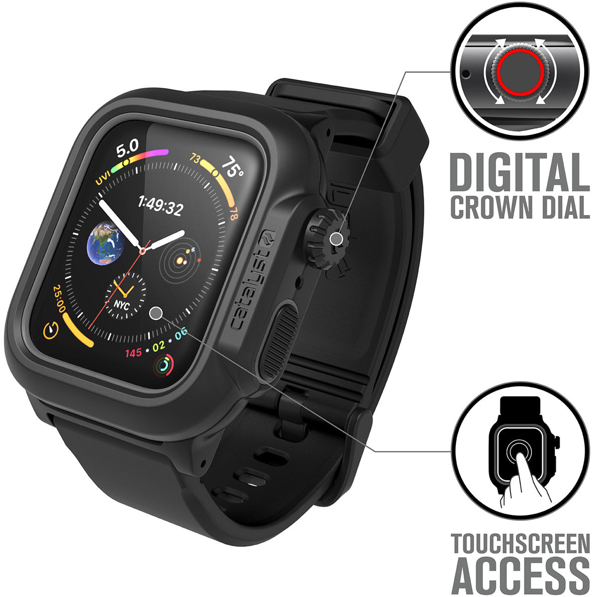 catalyst apple watch series 6 5 4 se gen 2 1 40mm 44mm waterproof case band stealth black showing the digital crown dial and touchscreen access text reads digital crown dial touchscreen access