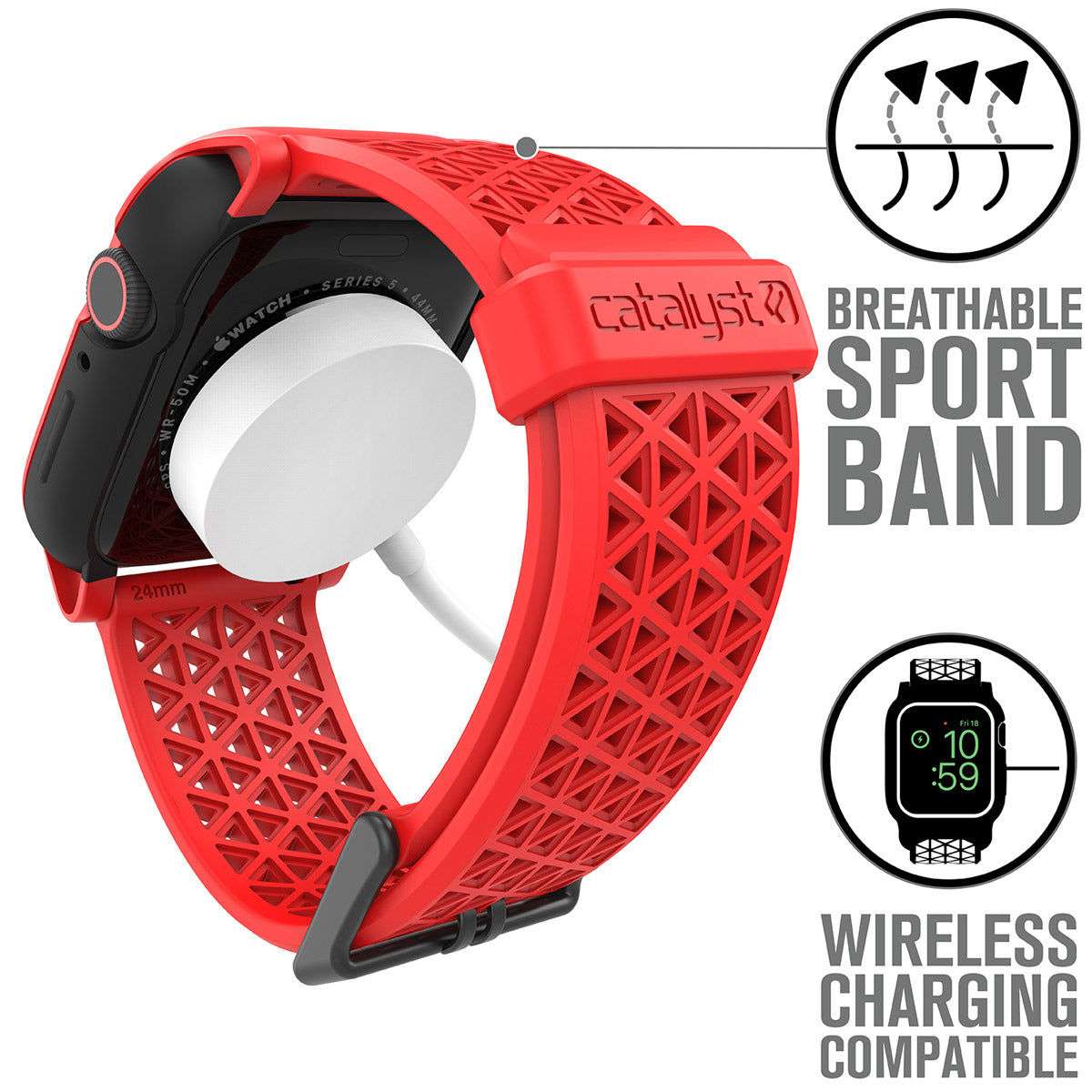 catalyst apple watch series 6 5 4 se gen 21 44mm 40mm impact protection case sport band flame red showing wireless charging compatibility text reads breathable sport band wireless charging compatible