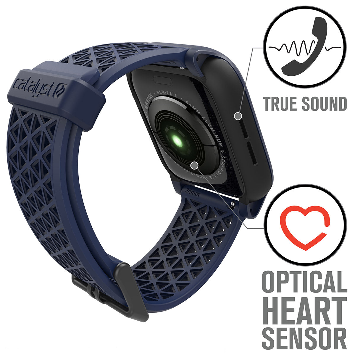 catalyst apple watch series 6 5 4 se gen 21 44mm 40mm impact protection case sport band midnight blue showing a green light on the optical heart sensor text reads true sound optical heart sensor