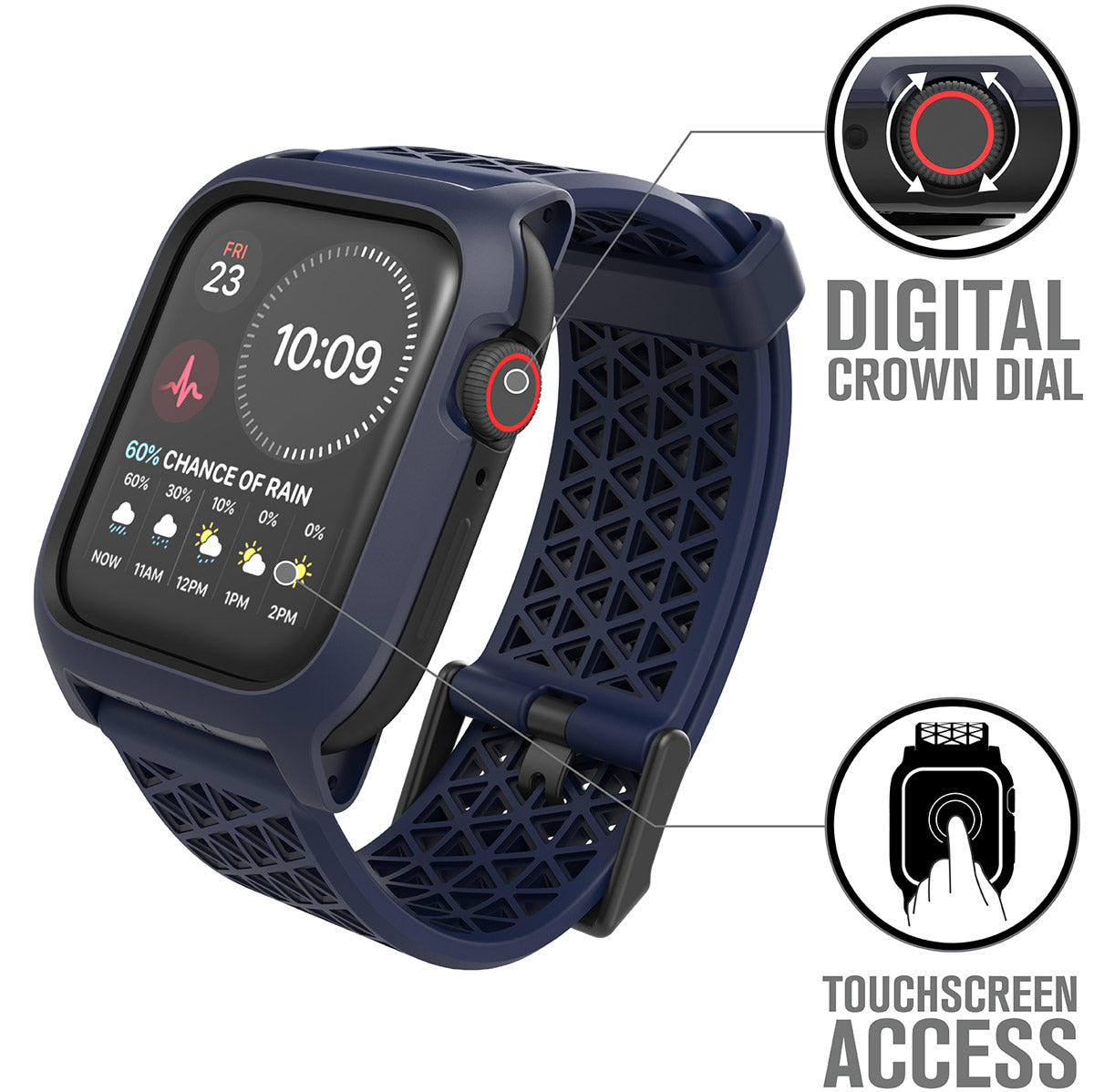 catalyst apple watch series 6 5 4 se gen 21 44mm 40mm impact protection case sport band midnight blue showing the digital crown dial and touchscreen access text reads digital crown dial touchscreen access