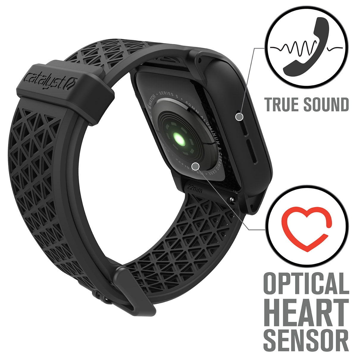 catalyst apple watch series 6 5 4 se gen 21 44mm 40mm impact protection case sport band stealth black showing a green light on the optical heart sensor text reads true sound optical heart sensor