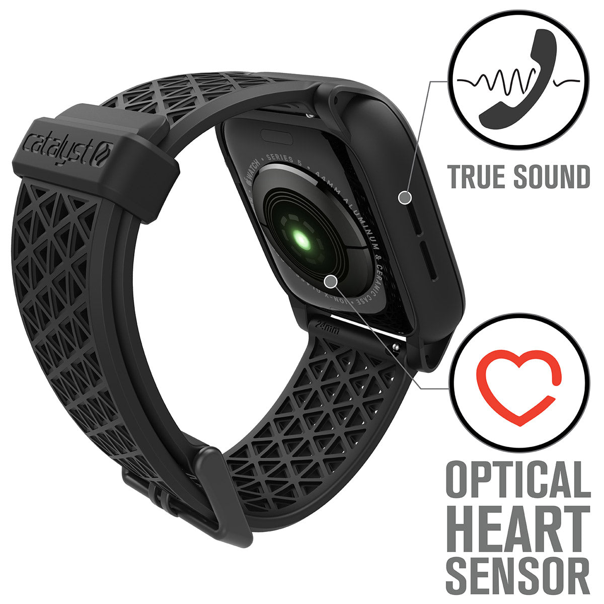 catalyst apple watch series 6 5 4 se gen 21 44mm 40mm impact protection case sport band stealth black showing a green light on the optical heart sensor text reads true sound optical heart sensor