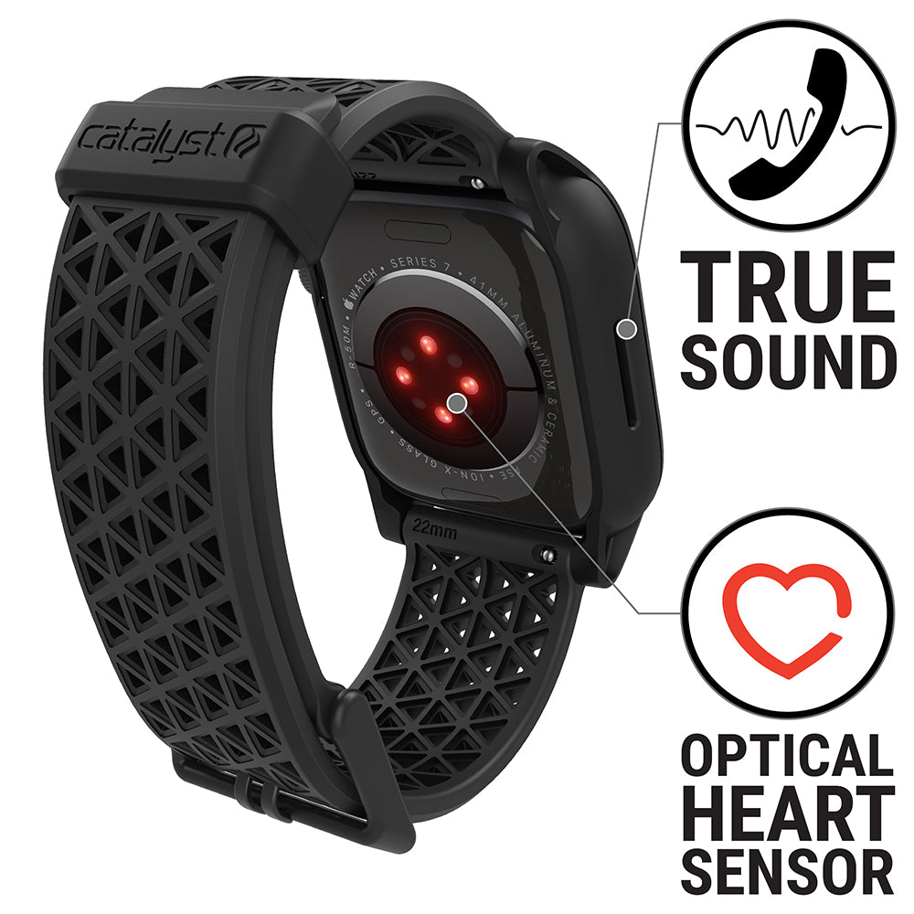 catalyst apple watch series 9 8 7 41mm 45mm active defense case sport band showing a red light on the optical heart sensor text reads true sound optical heart sensor