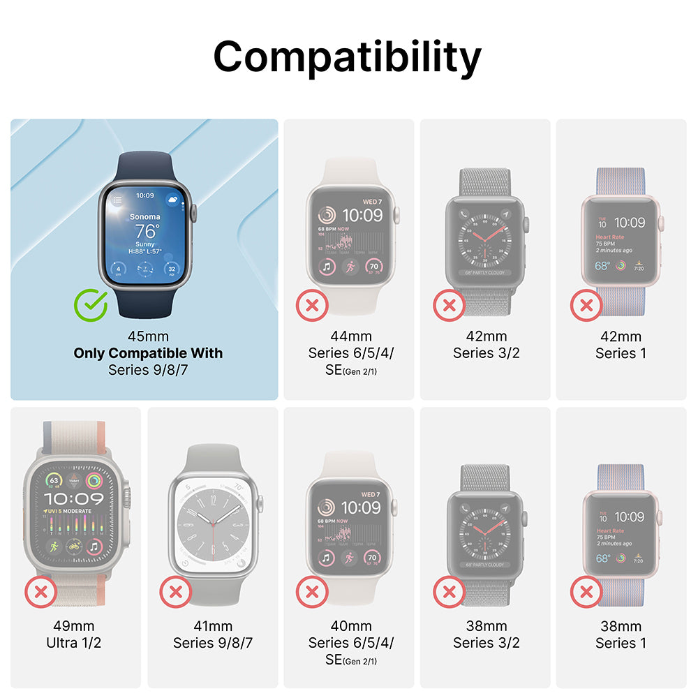 catalyst apple watch series 9 8 7 41mm 45mm active defense case sport band showing different sizes of apple watch text reads compatibility