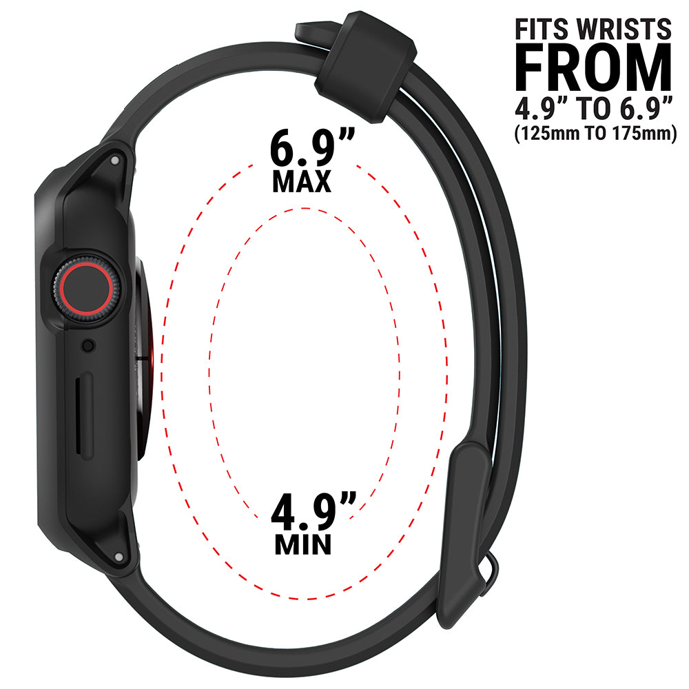 catalyst apple watch series 9 8 7 41mm 45mm active defense case sport band showing the side view of the catalyst case with the minimum and maximum sizes of the band text reads fits wrists from 4.9" to 6.9"(125mm to 175mm)