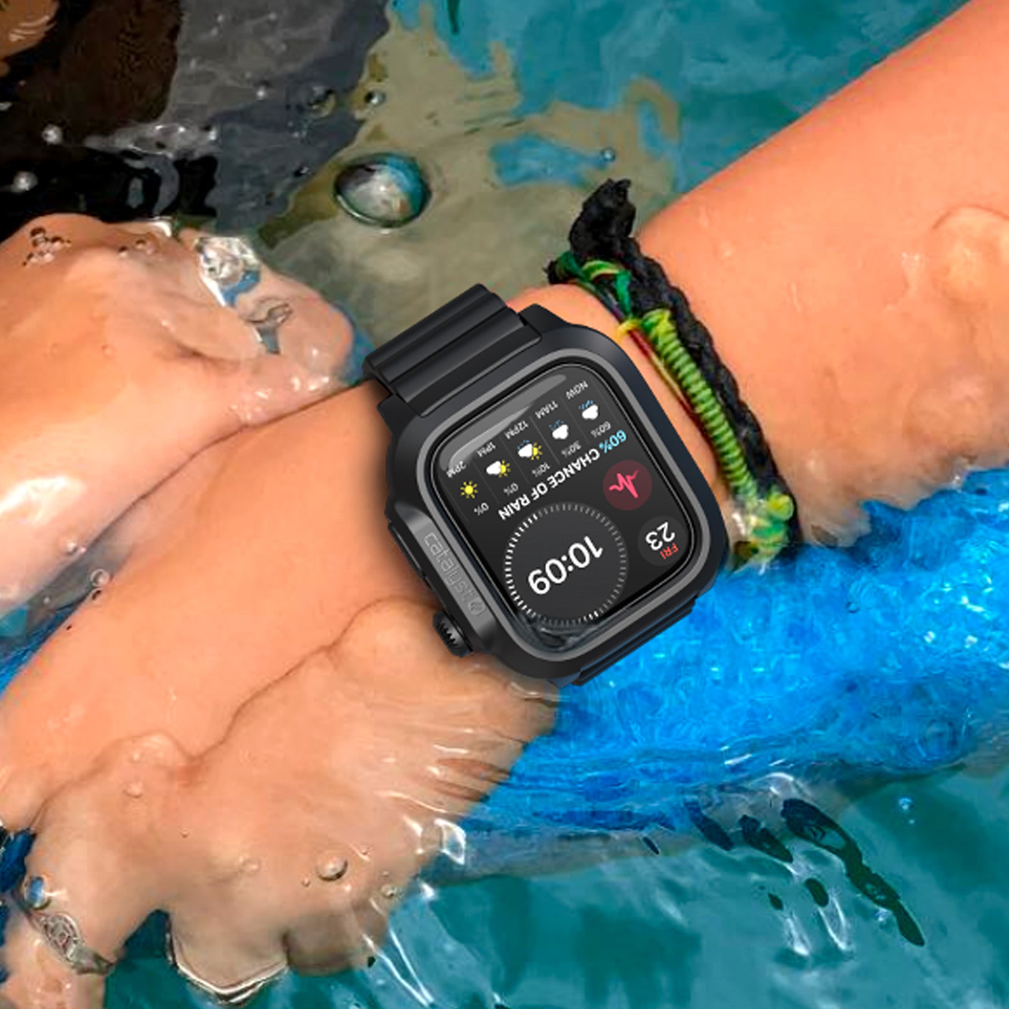 catalyst apple watch series 9 8 7 45mm total protection case band showing a hand wearing an apple watch with catalyst case in the water
