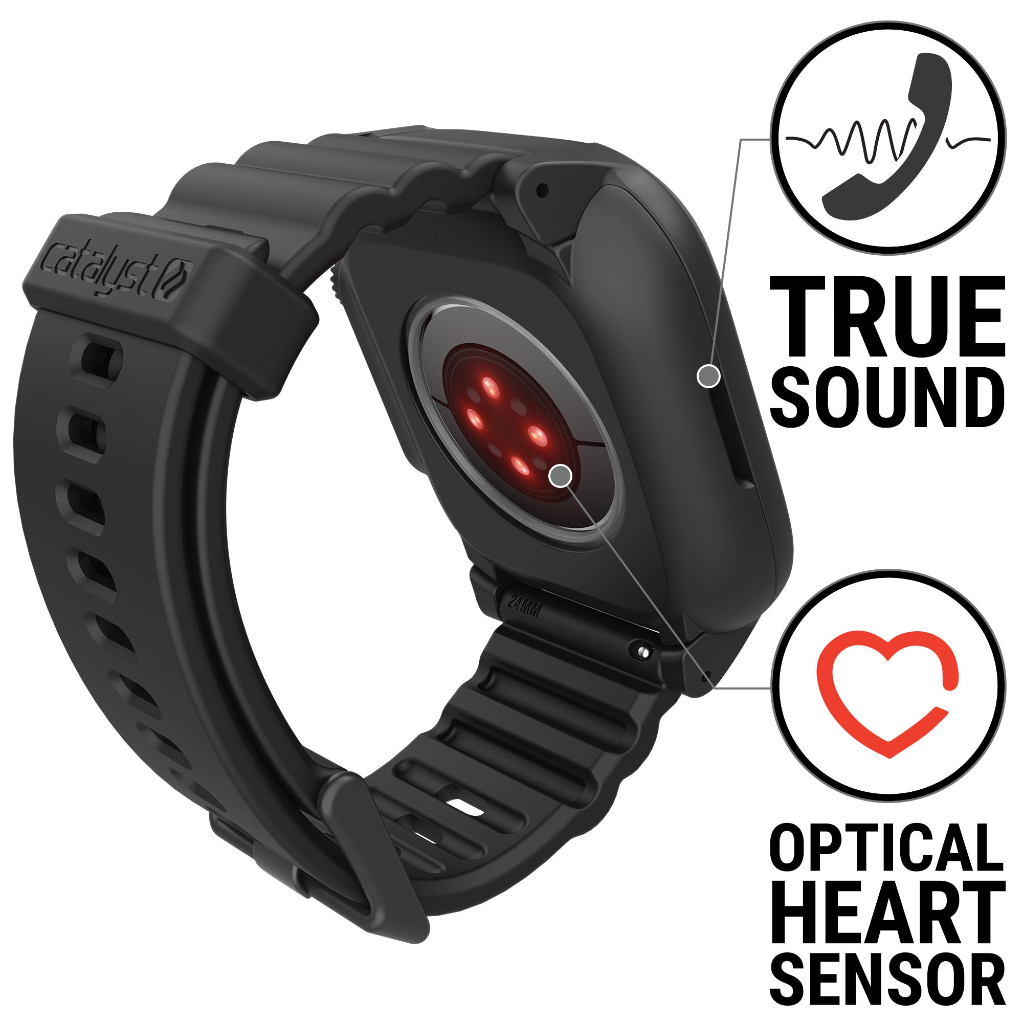 catalyst apple watch series 9 8 7 45mm total protection case band showing red lights on the optical heart sensor text reads true sound optical heart sensor