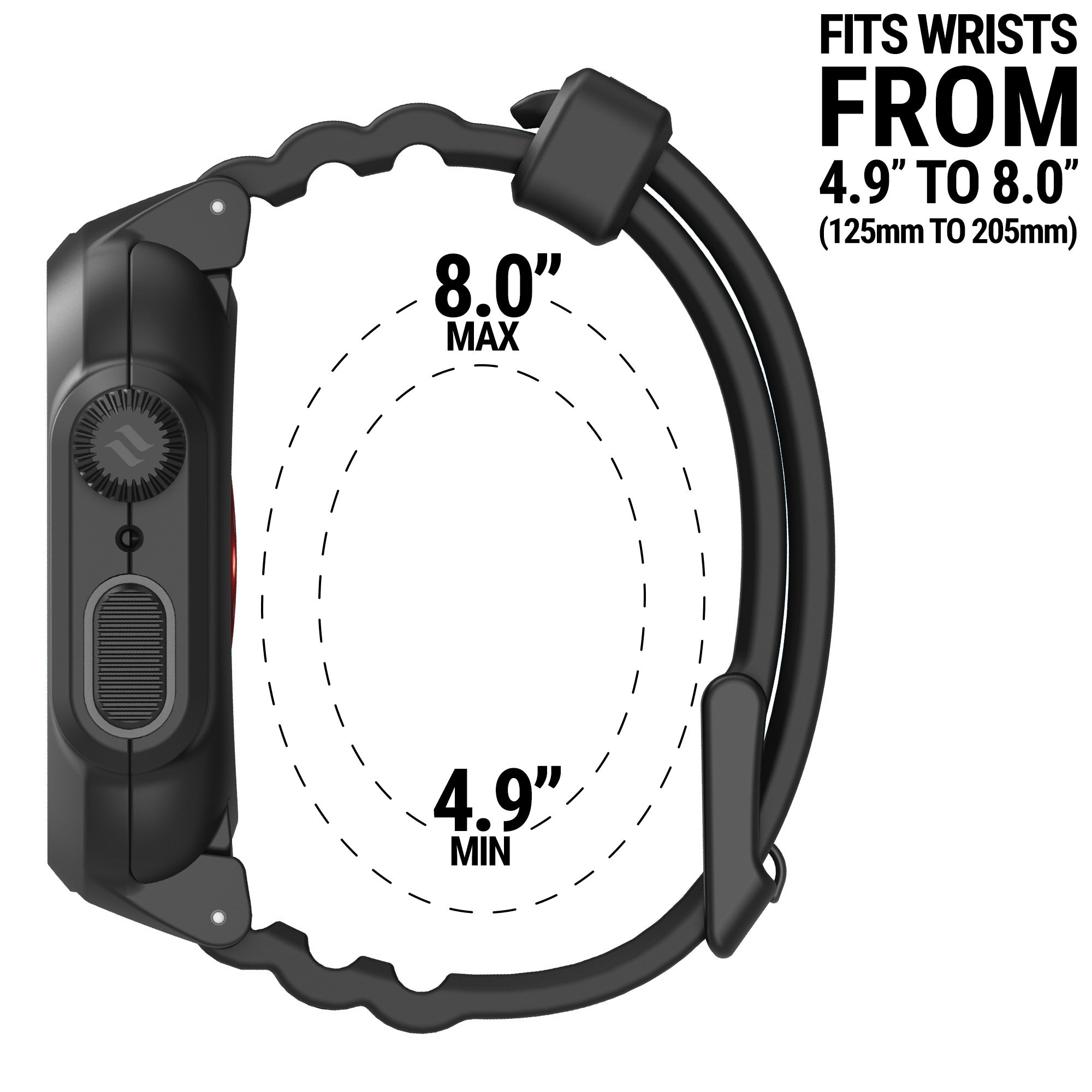 catalyst apple watch series 9 8 7 45mm total protection case band showing the side view of the catalyst case with the minimum and maximum sizes of the band text reads fits wrists from 4.9" to 8.0"(125mm to 205mm)