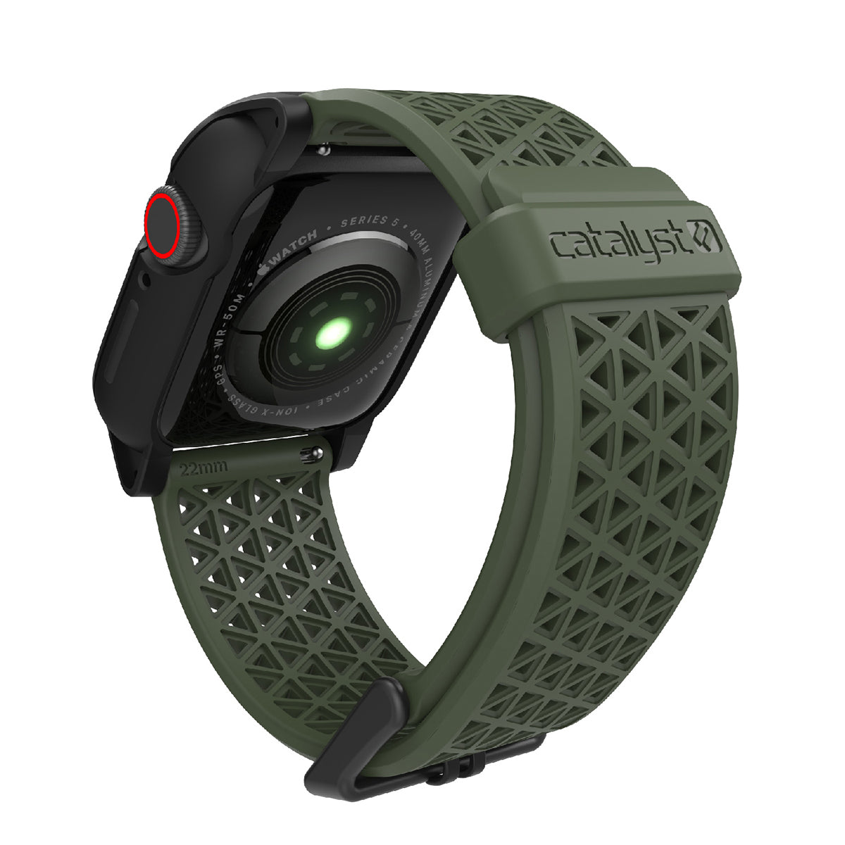 catalyst apple watch series 9 8 7 6 5 4 SE Gen 2 1 38 40 41mm sport band buckle edition back of the apple watch with catalyst case and army green sport band