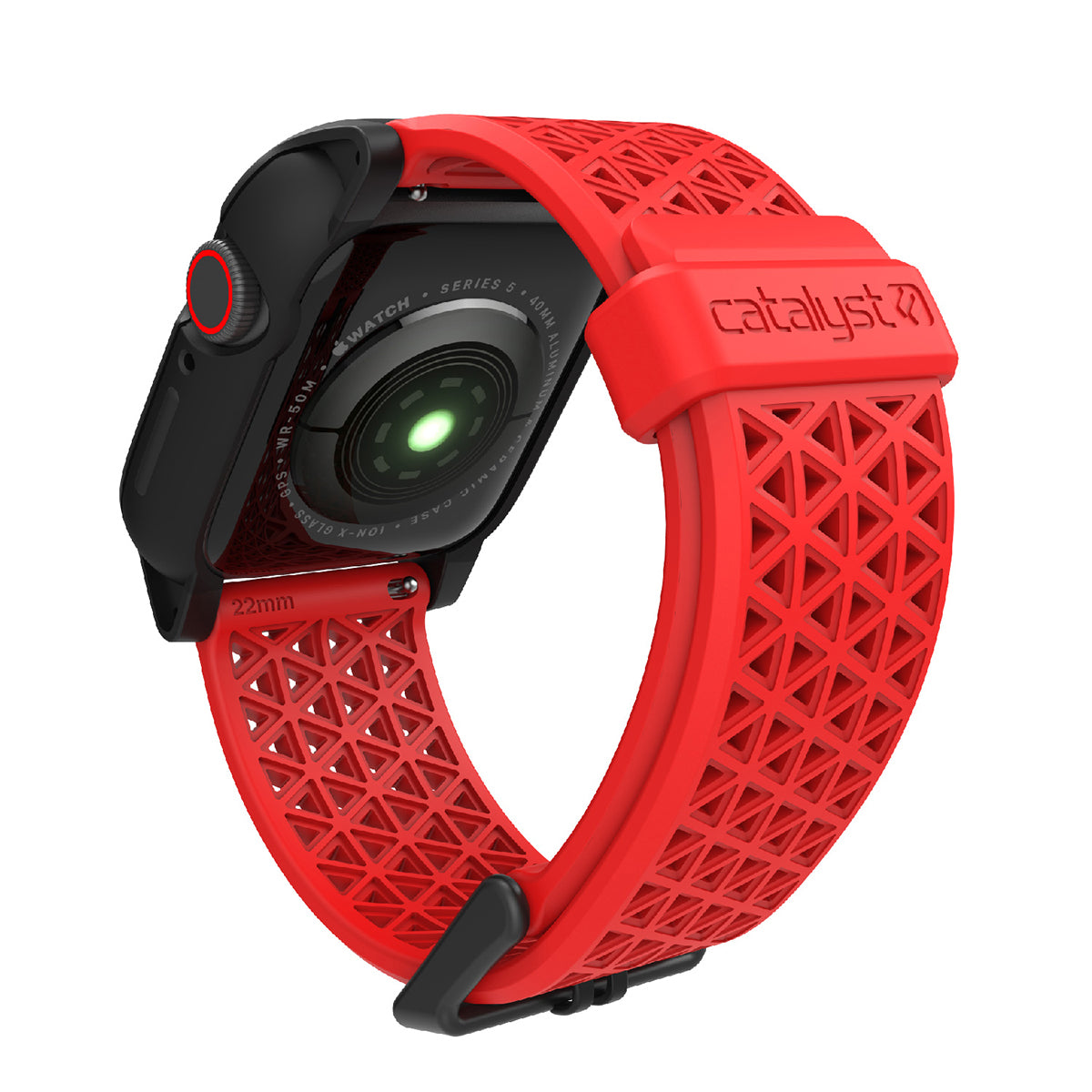 catalyst apple watch series 9 8 7 6 5 4 SE Gen 2 1 38 40 41mm sport band buckle edition back of the apple watch with catalyst case and red sport band