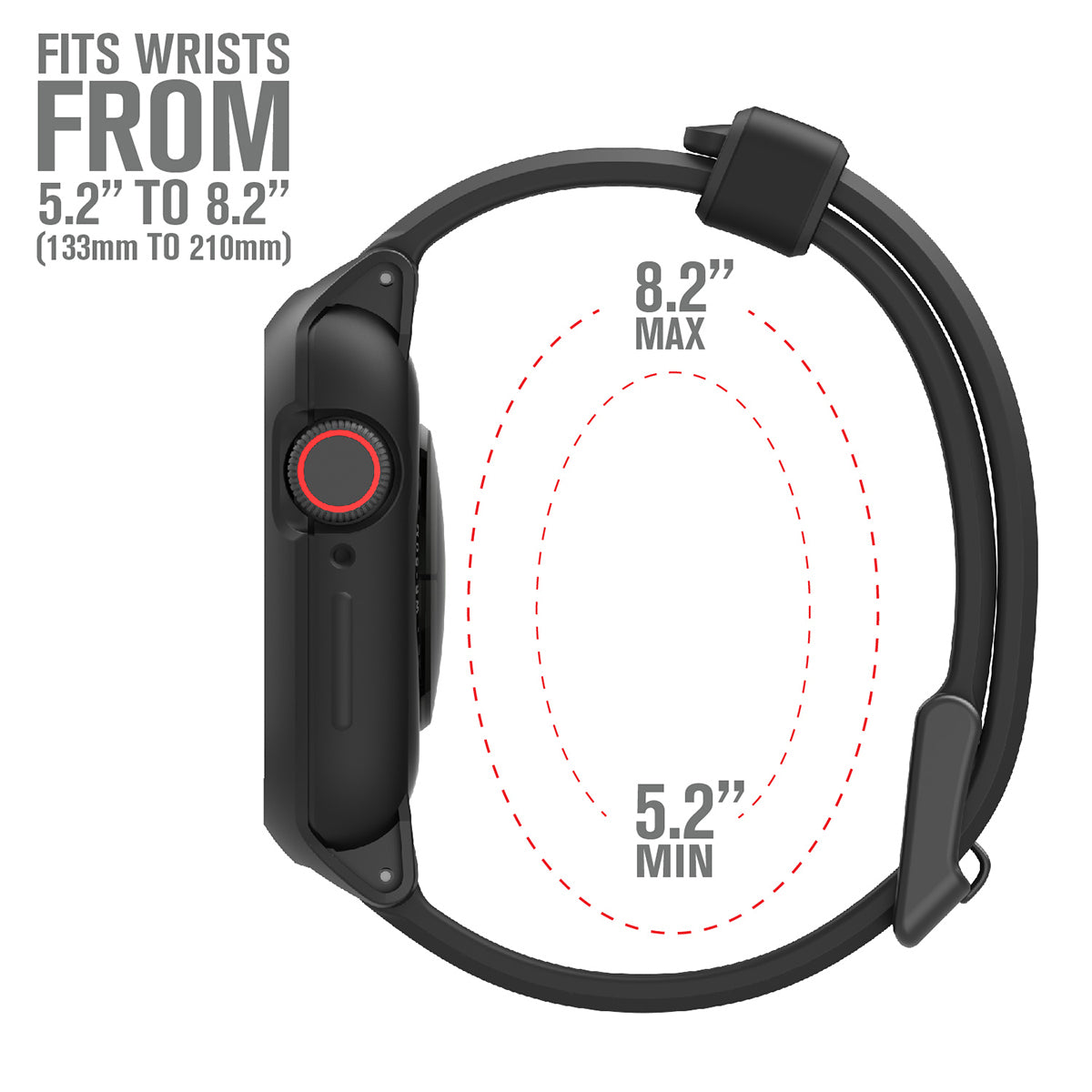 catalyst apple watch series 9 8 7 6 5 4 SE Gen 2 1 38 40 41mm sport band buckle edition side view of the case with the minimum and maximum sizes of the band black text reads fits wrists from 5.2" to 8.2"(133mm to 210mm)