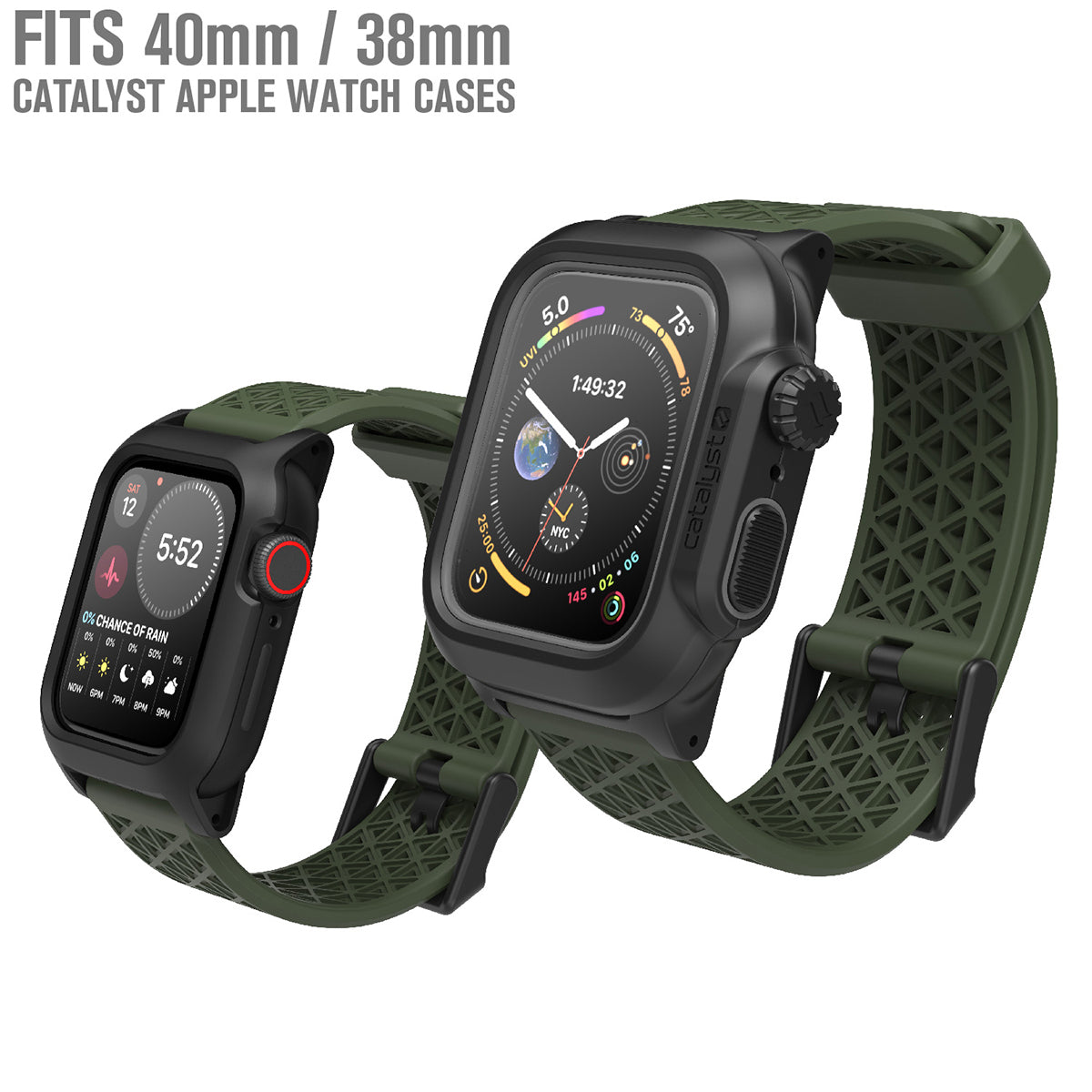 catalyst apple watch series 9 8 7 6 5 4 SE Gen 2 1 38 40 41mm sport band buckle edition two apple watch with catalyst impact protection and waterproof case with army green sport band text reads fits 40mm 38mm catalyst apple watch cases