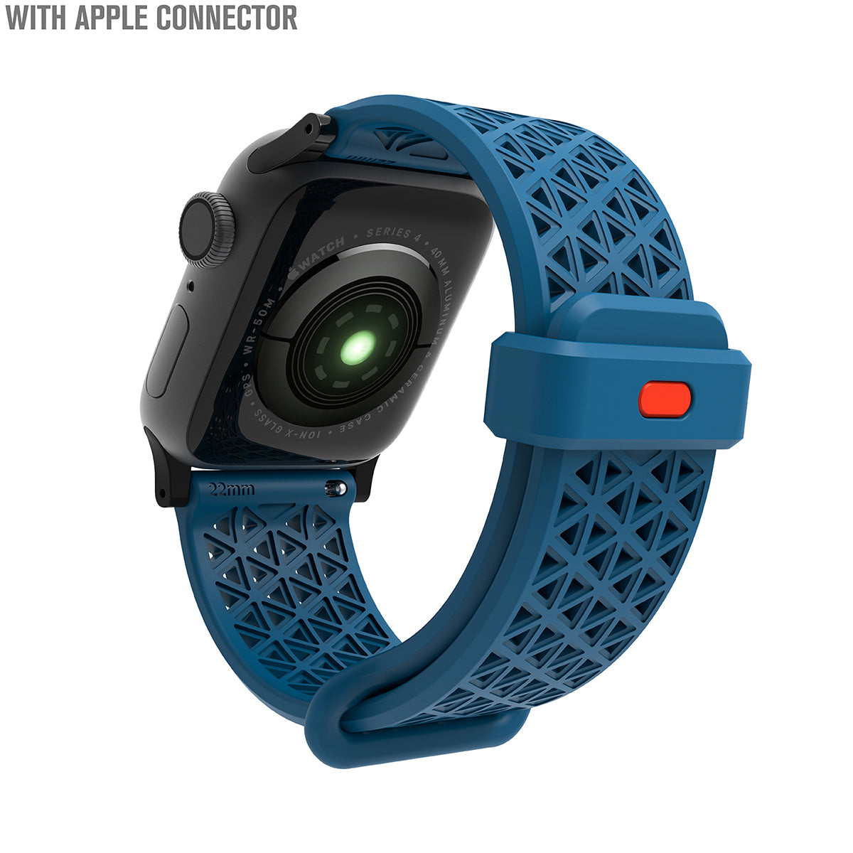 catalyst apple watch series 9 8 7 6 5 4 se gen 2 1 38 40 41mm sports band with apple connector apple watch back view with sports band blueridge text reads with apple connector