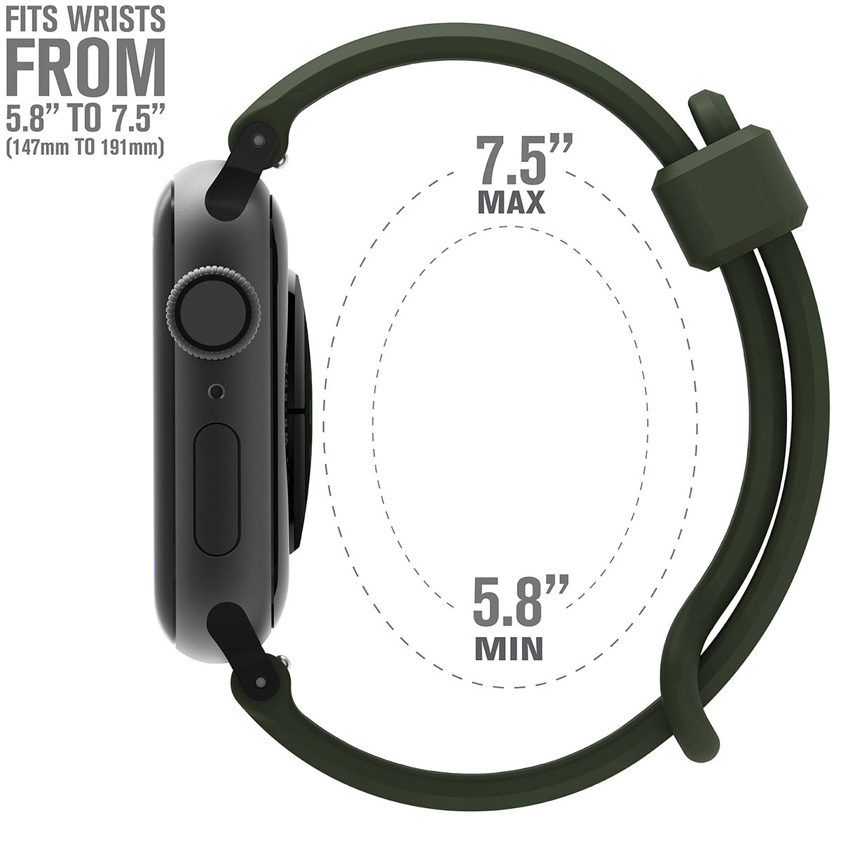 catalyst apple watch series 9 8 7 6 5 4 se gen 2 1 38 40 41mm sports band with apple connector side of apple watch with the minimum and maximum sizes of the sport band army green text reads fits wrists from 5.8" to 7.5"(147mm to 191mm)