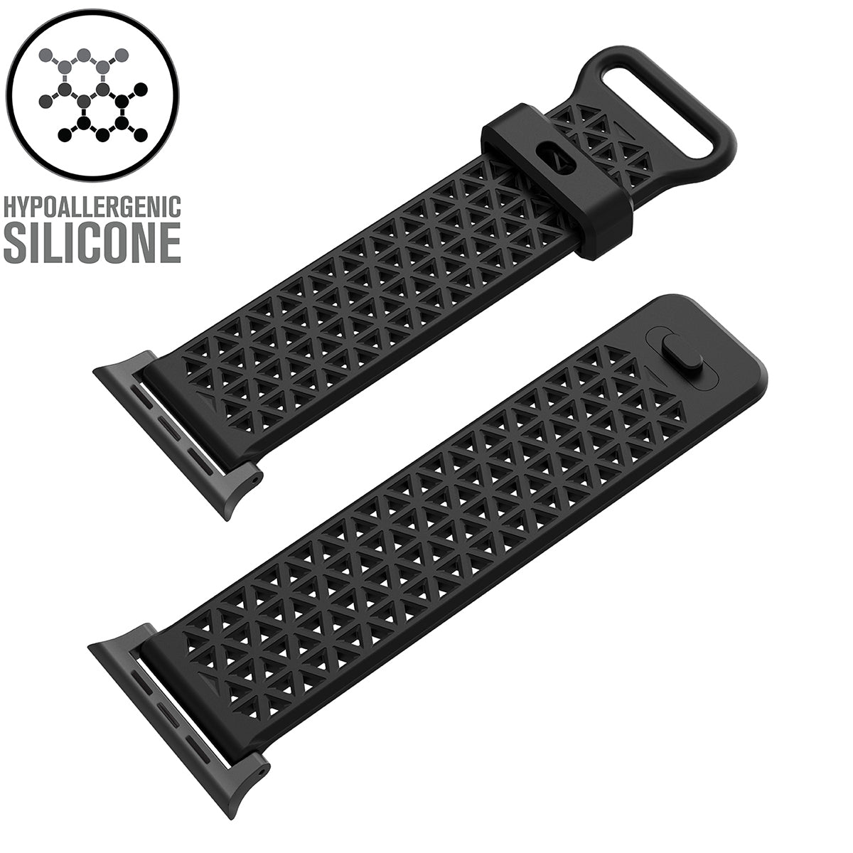 catalyst apple watch series 9 8 7 6 5 4 se gen 2 1 38 40 41mm sports band with apple connector sportband with apple connector black text reads hypoallergenic silicone