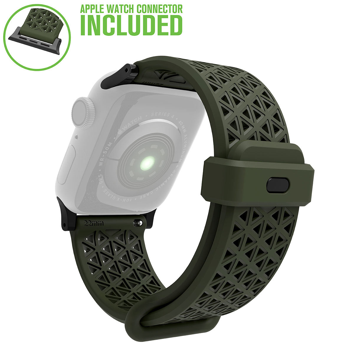 catalyst apple watch series 9 8 7 6 5 4 se gen 2 1 38 40 41mm sports band with apple connector sports band with apple connector army green text reads apple watch connector included