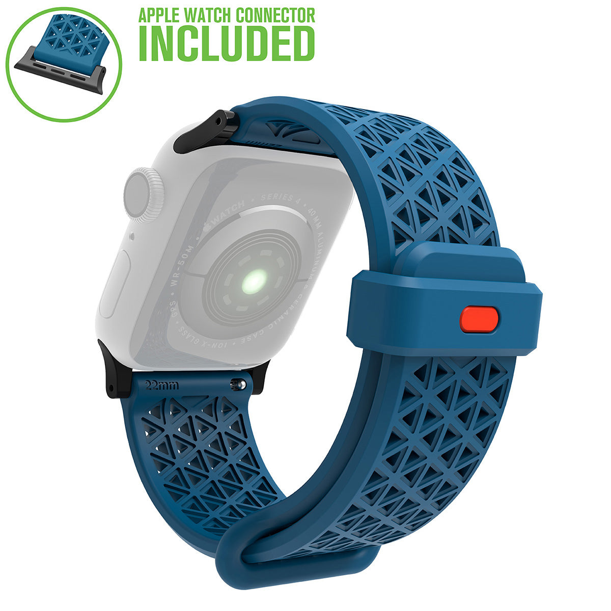 catalyst apple watch series 9 8 7 6 5 4 se gen 2 1 38 40 41mm sports band with apple connector sports band with apple connector blueridge text reads apple watch connector included