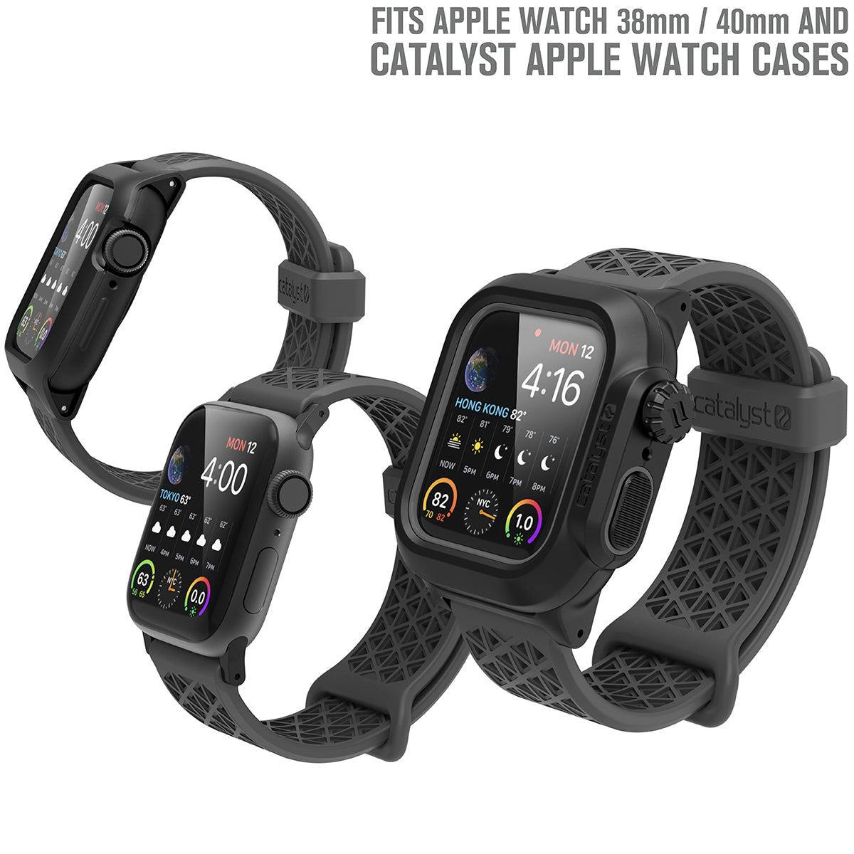 catalyst apple watch series 9 8 7 6 5 4 se gen 2 1 38 40 41mm sports band with apple connector three apple watches with impact and waterproof case with sports band space gray text reads fits apple watch 38mm 40mm and catalyst apple watch cases