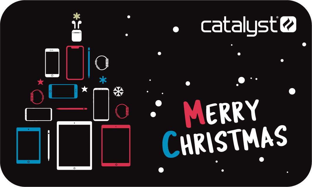 Catalyst christmast e-gift card showing all the catalysts cases in black background text reads catalyst merry christmas