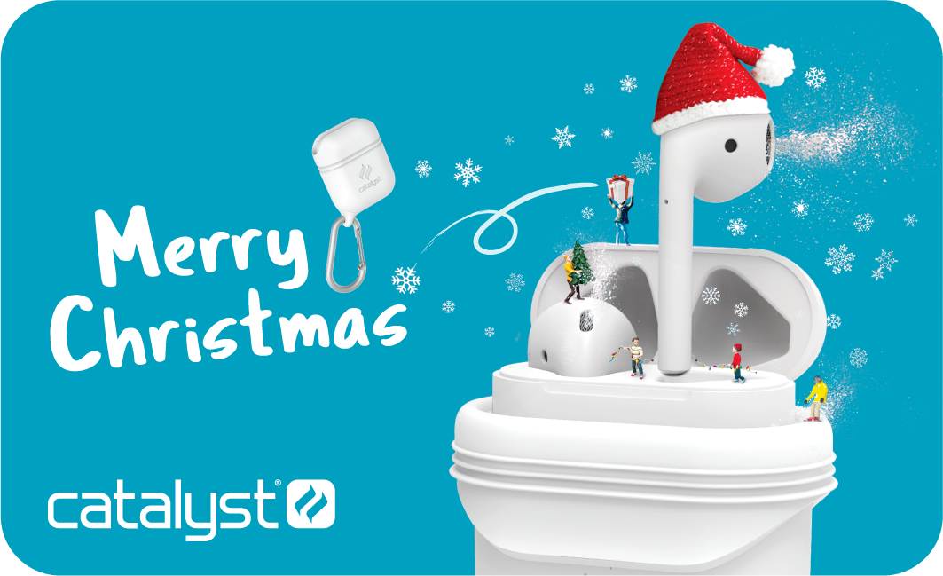 Catalyst christmast e-gift card showing the catalyst airpod case with carabiner text reads merry christmas catalyst