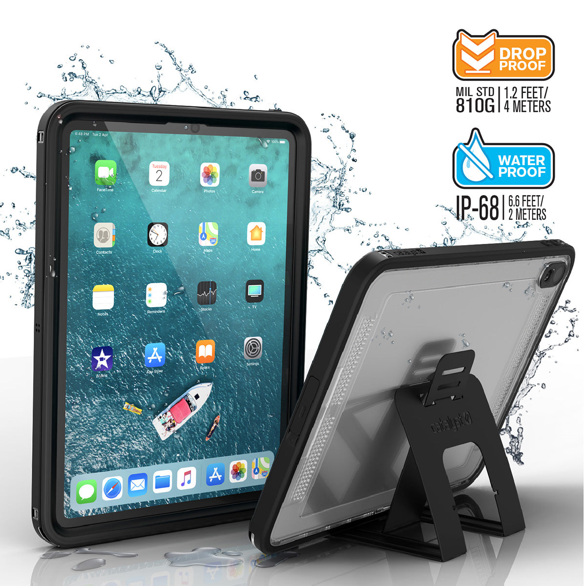 Catalyst iPad Pro (Gen 1), 11" - Waterproof Case showing the front and the back of the case with removable stand installed text reads drop proof mil std 810g 1.2 feet/ 4 meters waterproof ip-68 6.6 feet/ 2 meters