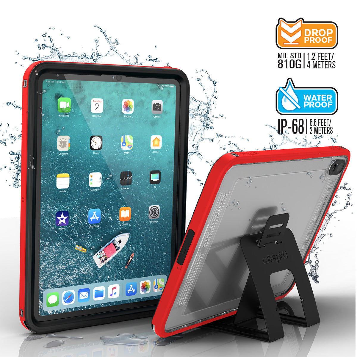 Catalyst iPad Pro (Gen 1), 11" - Waterproof Case showing the front and the back of the case with removable stand installed text reads drop proof mil std 810g 1.2 feet/ 4 meters waterproof ip-68 6.6 feet/ 2 meters