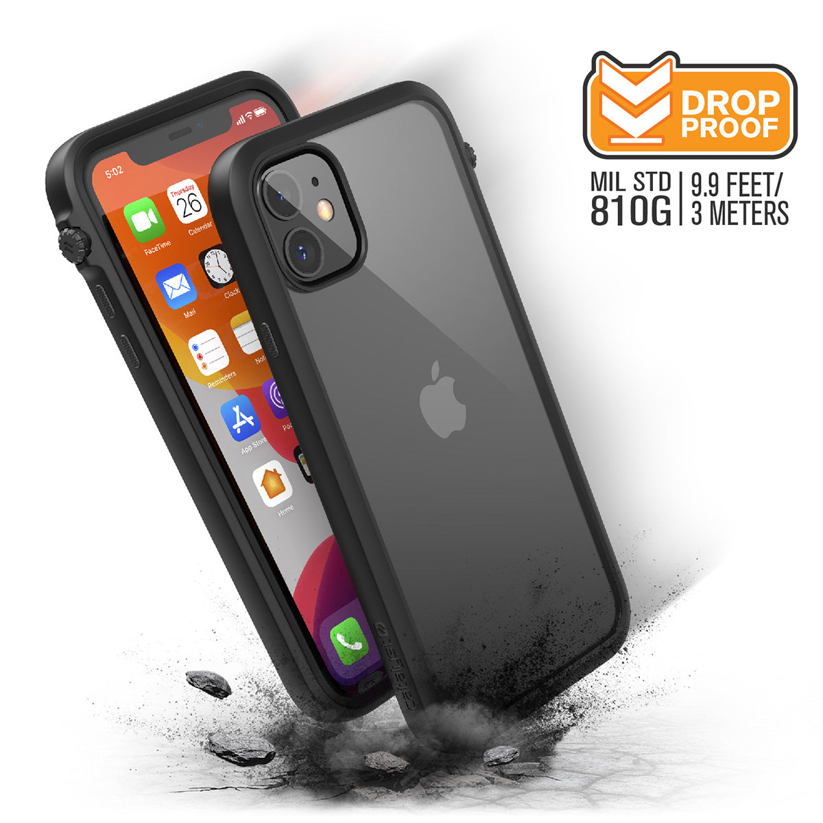 catalyst iPhone 11 series impact protection case black showing side views and buttons of the case with cracked floor text reads drop proof mil std 9.9 feet 810g 3 meters