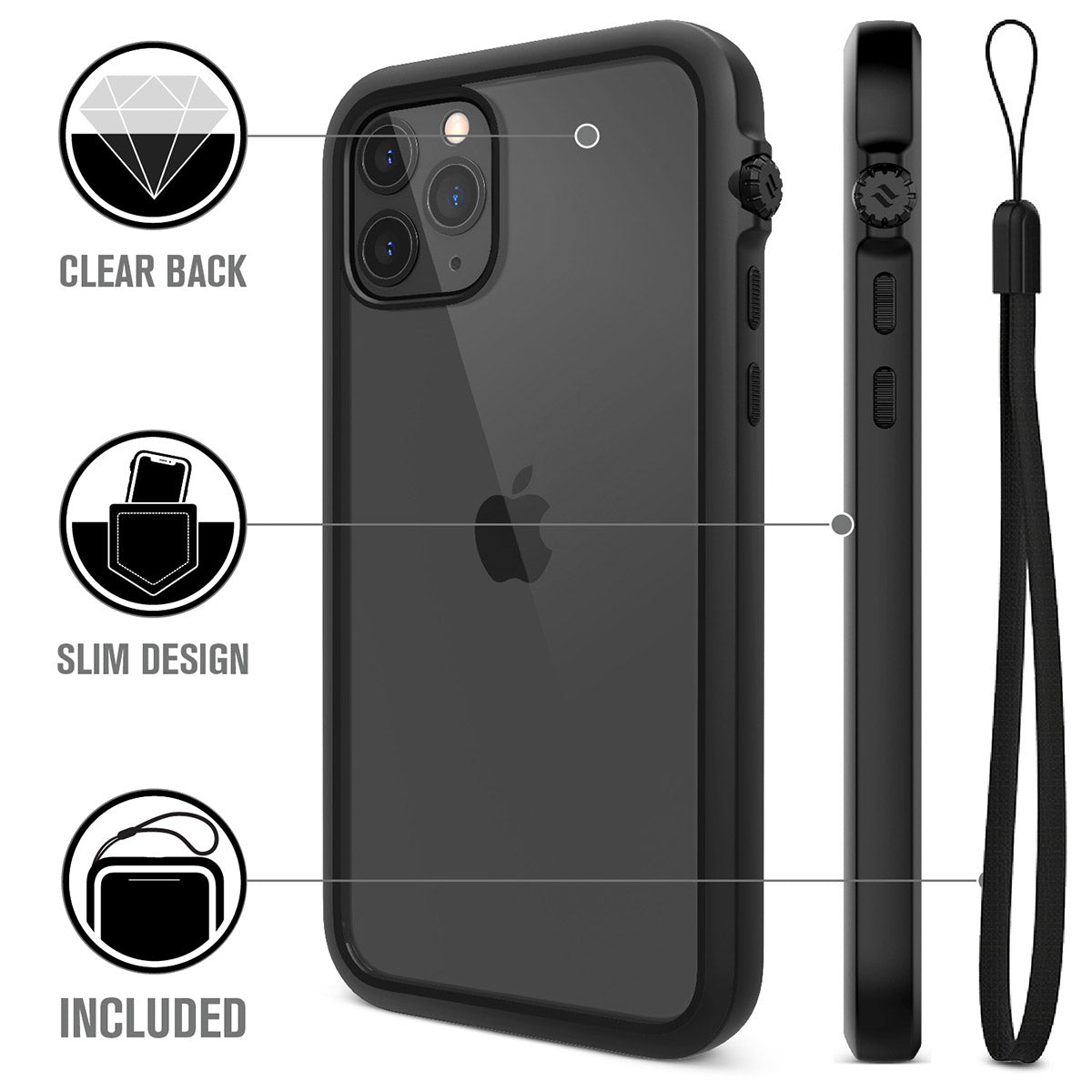 catalyst iPhone 11 series impact protection case black showing the back view and buttons of the case for iPhone 11 pro and a lanyard text reads clear back slim design included
