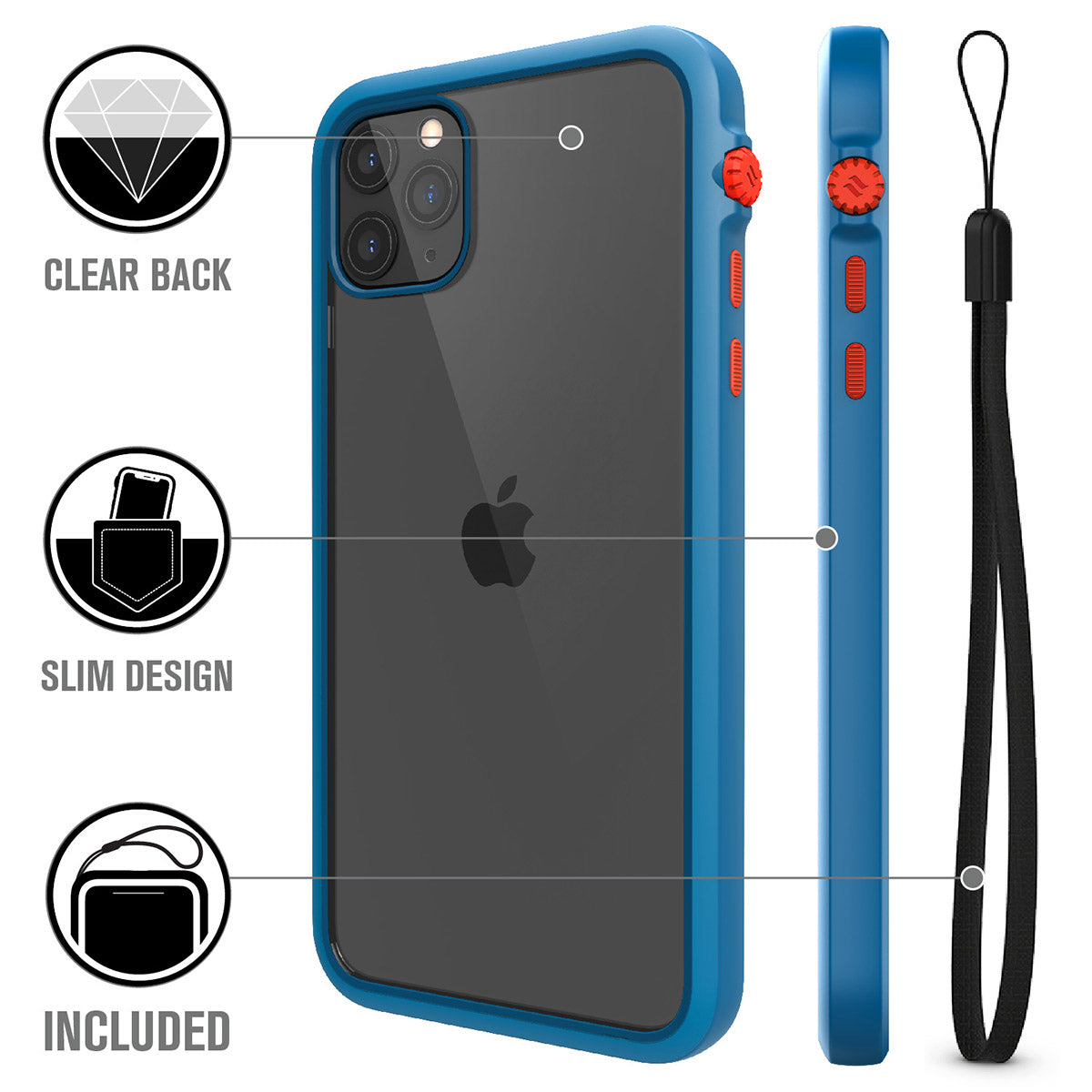 catalyst iPhone 11 series impact protection case bluerdige sunset showing the back view and buttons of the case for iPhone 11 pro max and a lanyard text reads clear back slim design included