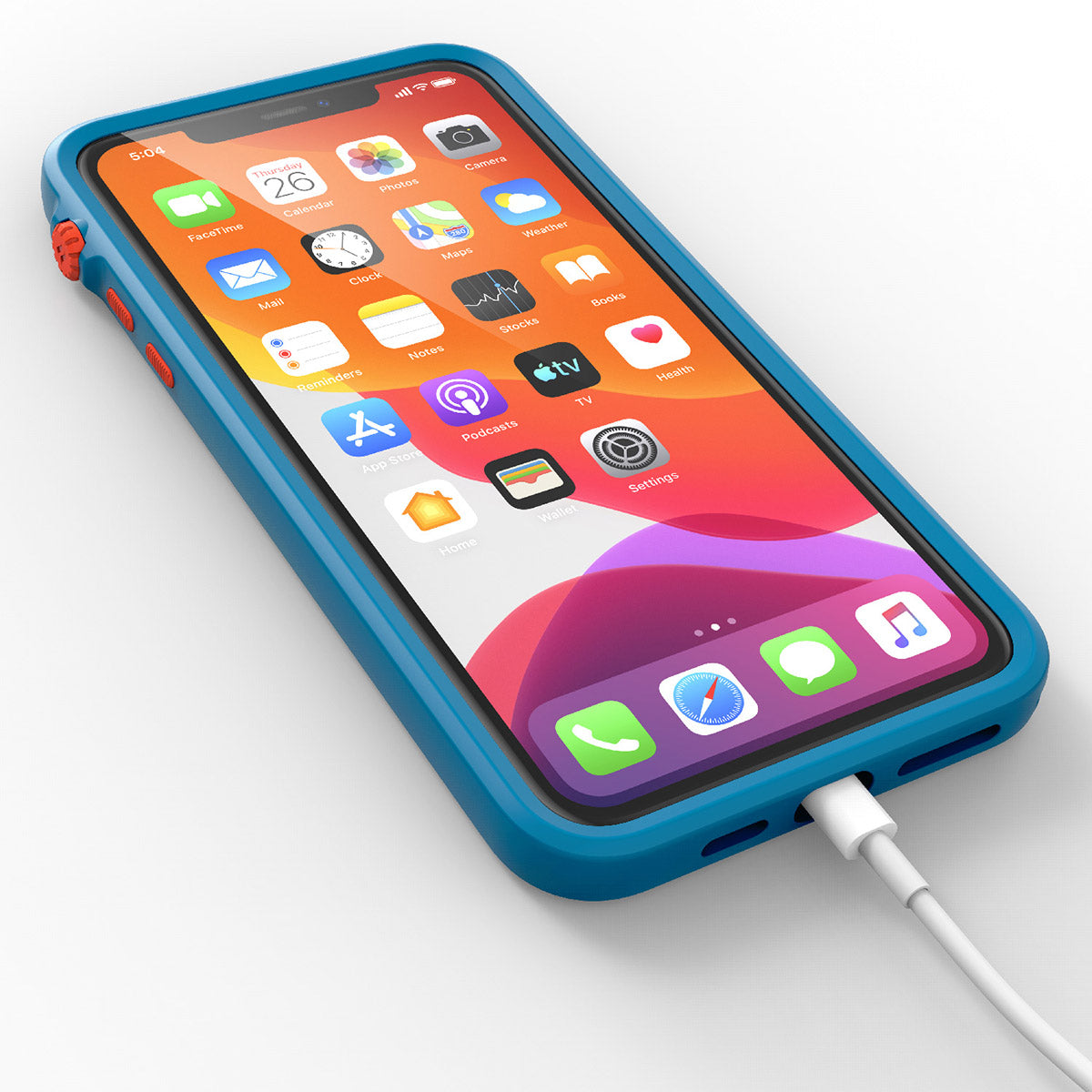 catalyst iPhone 11 series impact protection case bluerdige sunset with an iPhone 11 pro max plugged into the charging cable