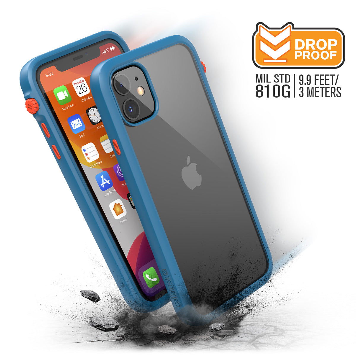catalyst iPhone 11 series impact protection case blueridge sunset showing side views and buttons of the case with cracked floor for iPhone 11 text reads drop proof mil std 9.9 feet 810g 3 meters