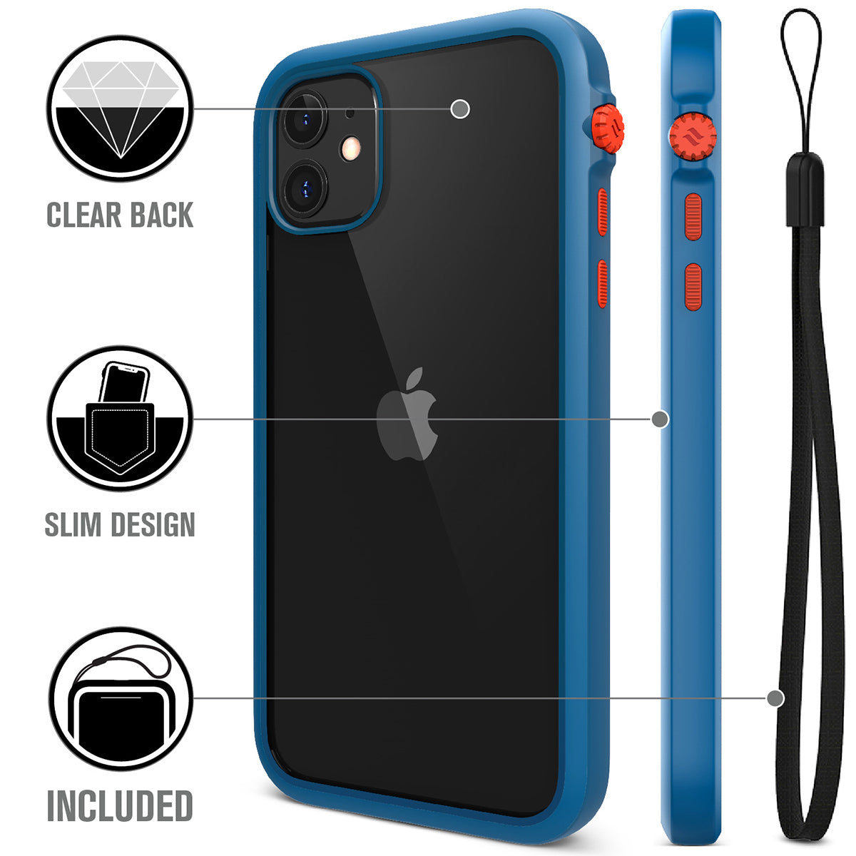 catalyst iPhone 11 series impact protection case blueridge sunset showing the back view and buttons of the case for iPhone 11 and a lanyard text reads clear back slim design included