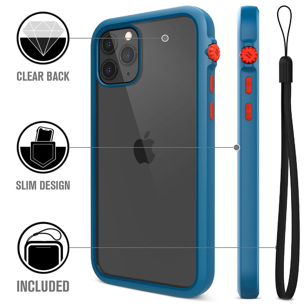 catalyst iPhone 11 series impact protection case blueridge sunset showing the back view and buttons of the case for iPhone 11 pro and a lanyard text reads clear back slim design included