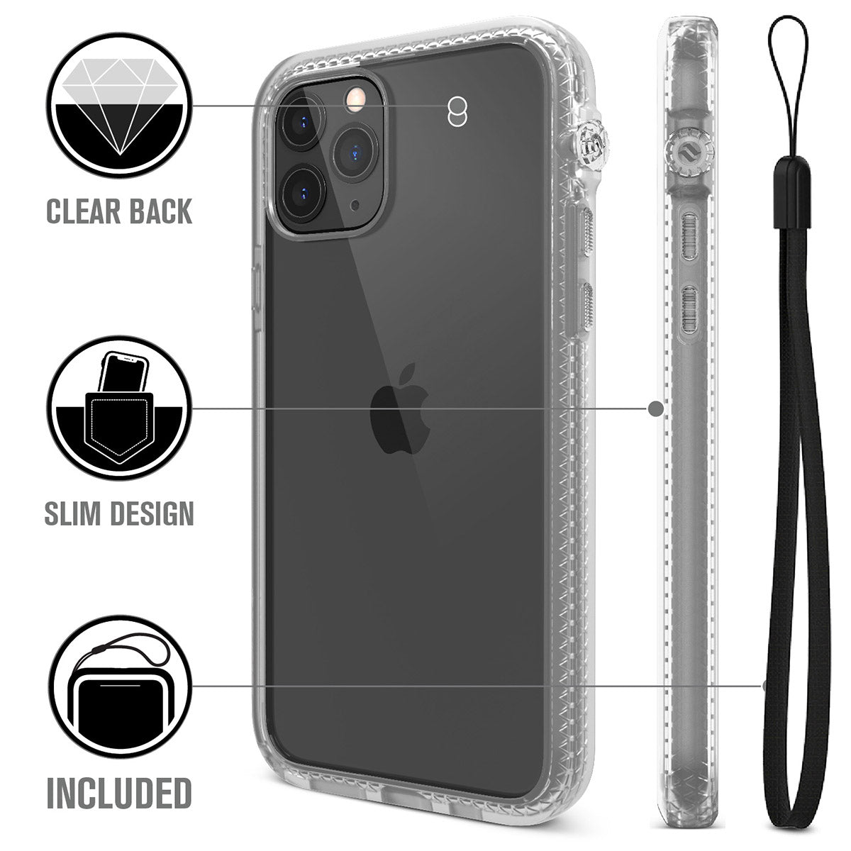 catalyst iPhone 11 series impact protection case clear showing the back view and buttons of the case for iPhone 11 pro and a lanyard text reads clear back slim design included