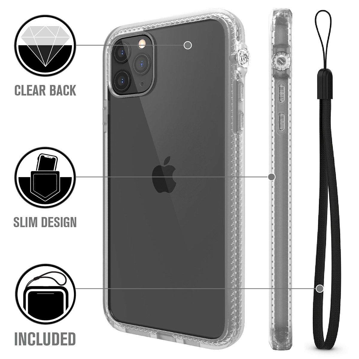 catalyst iPhone 11 series impact protection case clear showing the back view and buttons of the case for iPhone 11 pro max and a lanyard text reads clear back slim design included