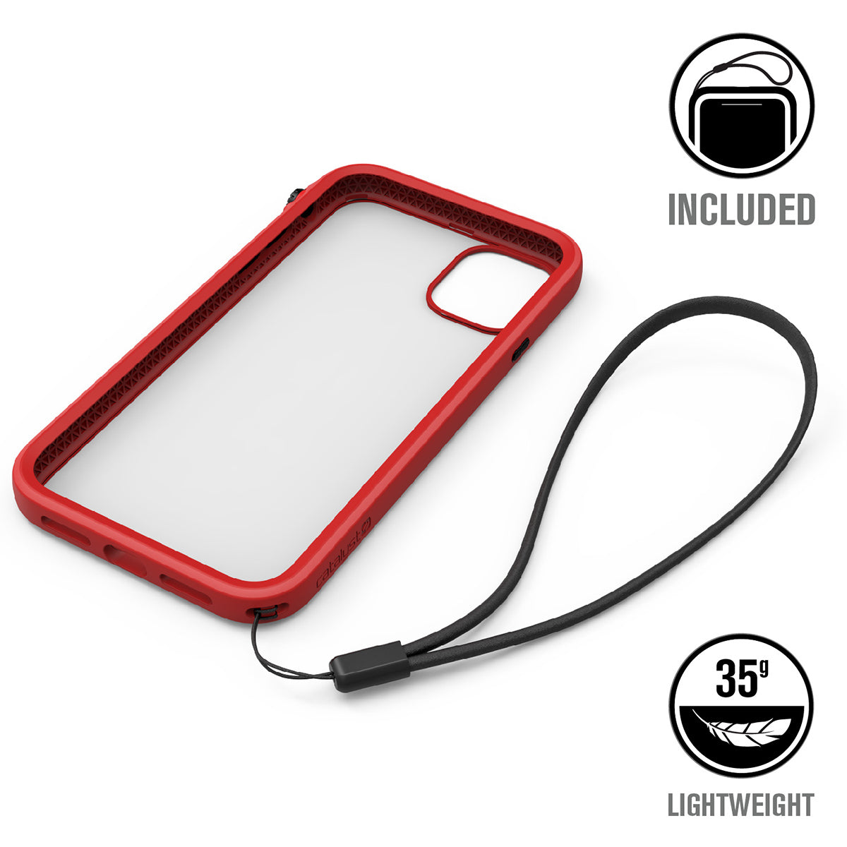 catalyst iPhone 11 series impact protection case empty flame red case for iPhone 11 with a lanyard text reads included 35g lightweight