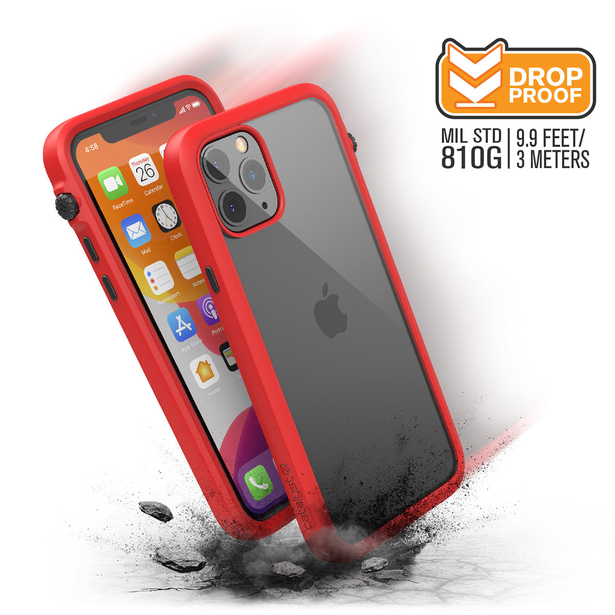 catalyst iPhone 11 series impact protection case flame red showing side views and buttons of the case with cracked floor for iPhone 11 pro text reads drop proof mil std 810g 9.9 feet 3 meters 