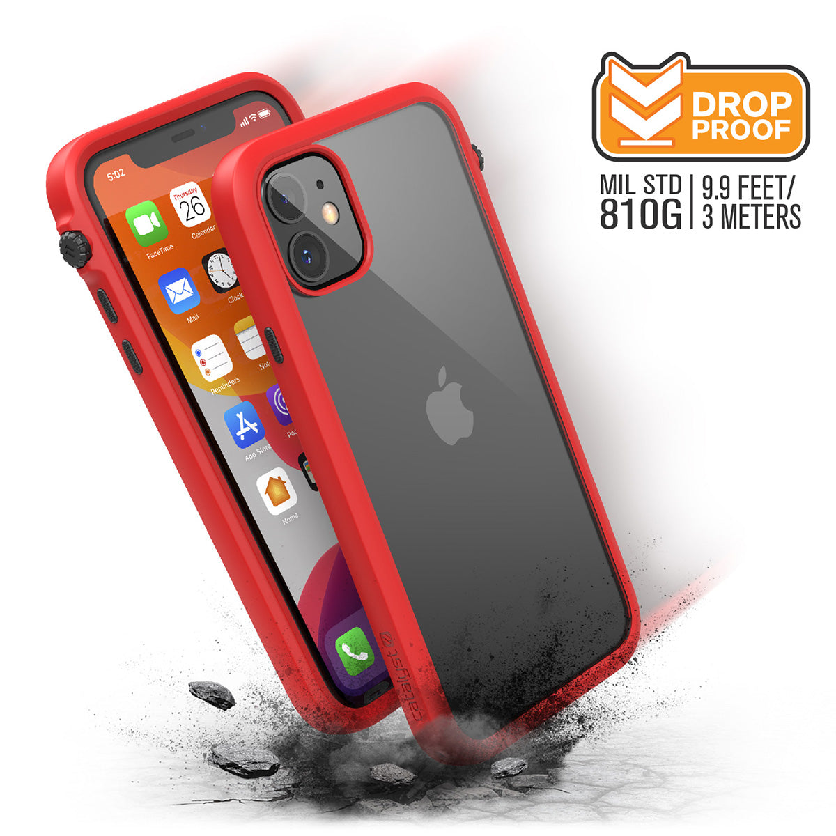 catalyst iPhone 11 series impact protection case flame red showing side views and buttons of the case with cracked floor for iPhone 11 text reads drop proof mil std 9.9 feet 810g 3 meters