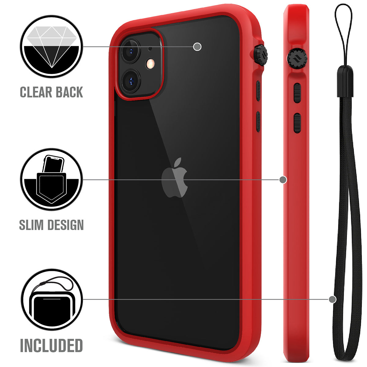 catalyst iPhone 11 series impact protection case flame red showing the back view and buttons of the case for iPhone 11 and a lanyard text reads clear back slim design included