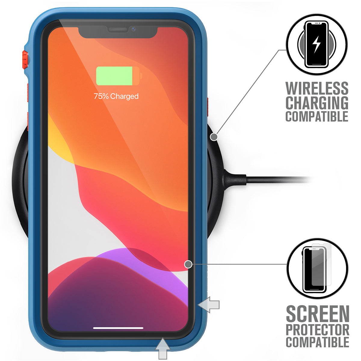 catalyst iPhone 11 series impact protection case for iphone 11 blueridge sunset placed on the wireless charger 75% charged text reads wireless charging compatible screen protector compatible
