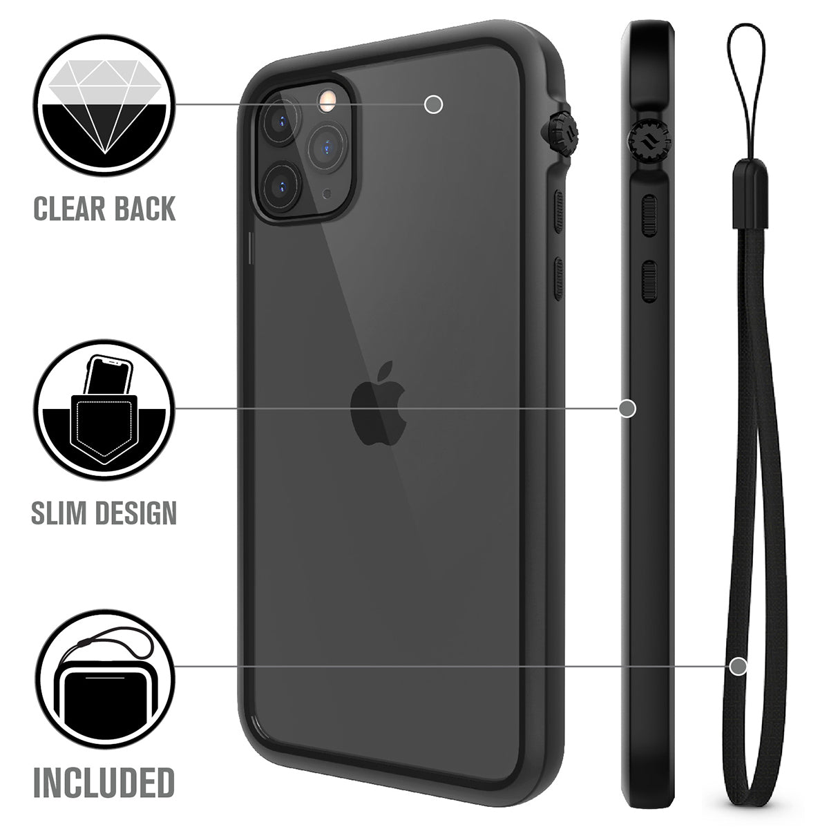 catalyst iPhone 11 series impact protection case stealth black showing the back view and buttons of the case for iPhone 11 pro max and a lanyard text reads clear back slim design included
