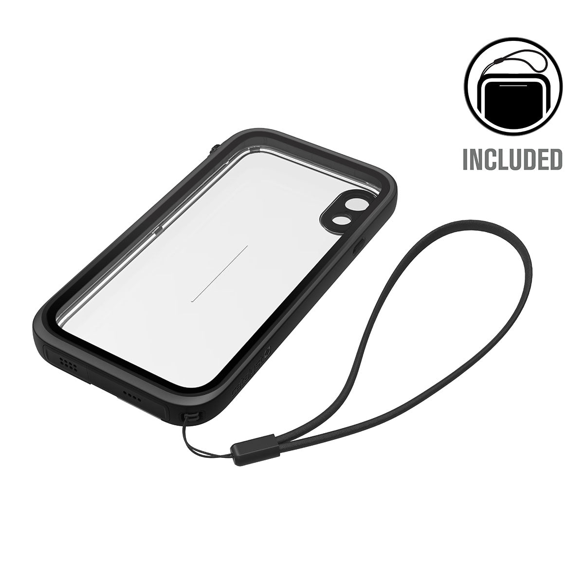 Catalyst iphone x/xr/xs/xs max waterproof case x showing the back view of the case with lanyard attached in stealth black text reads included