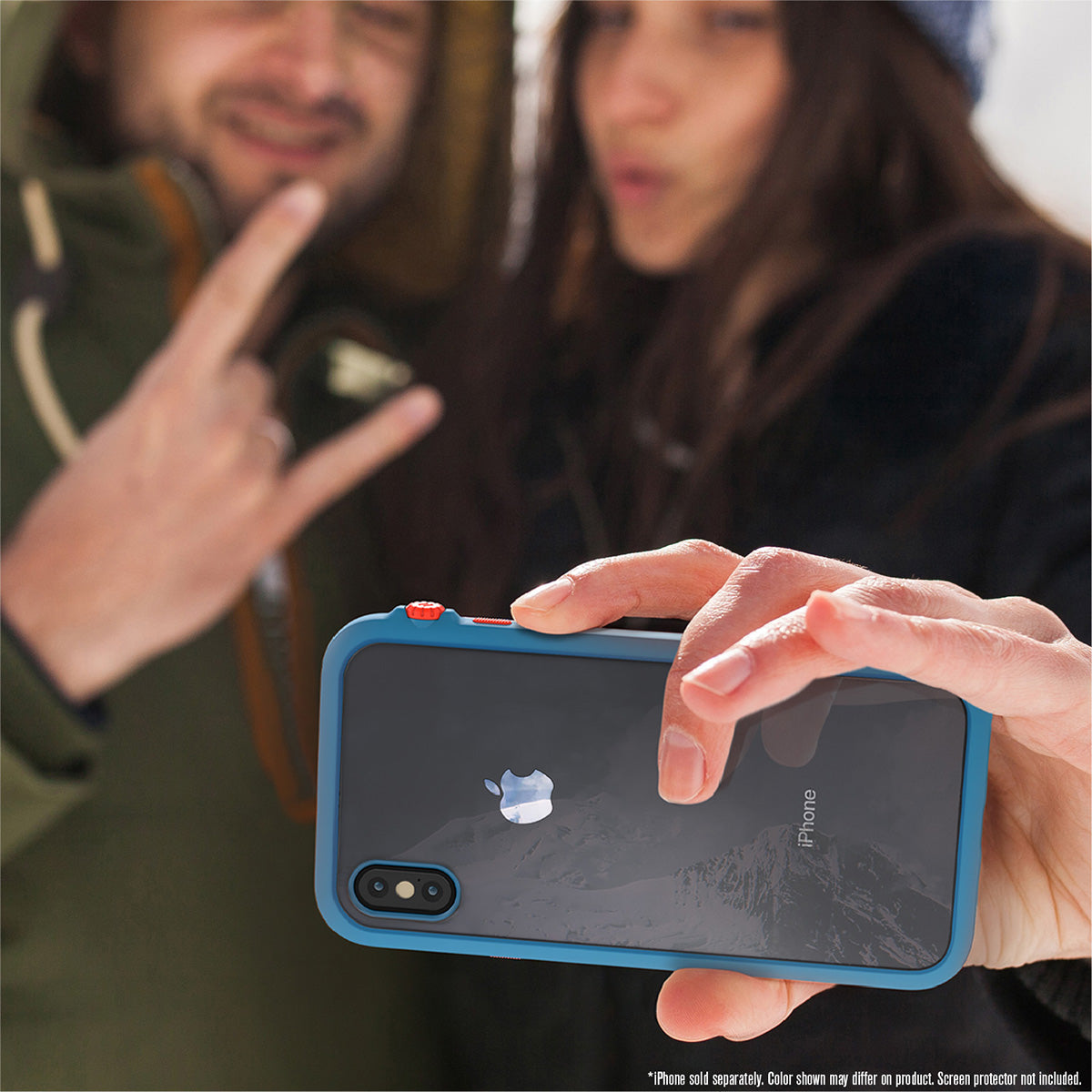 Catalyst Impact Protection Case for iPhone X/XR/Xs/Xs Max showing people using the phone with the catalyst case for selfie outdoor text reads iphone sold separately color shown may differ on the product screen protector not included