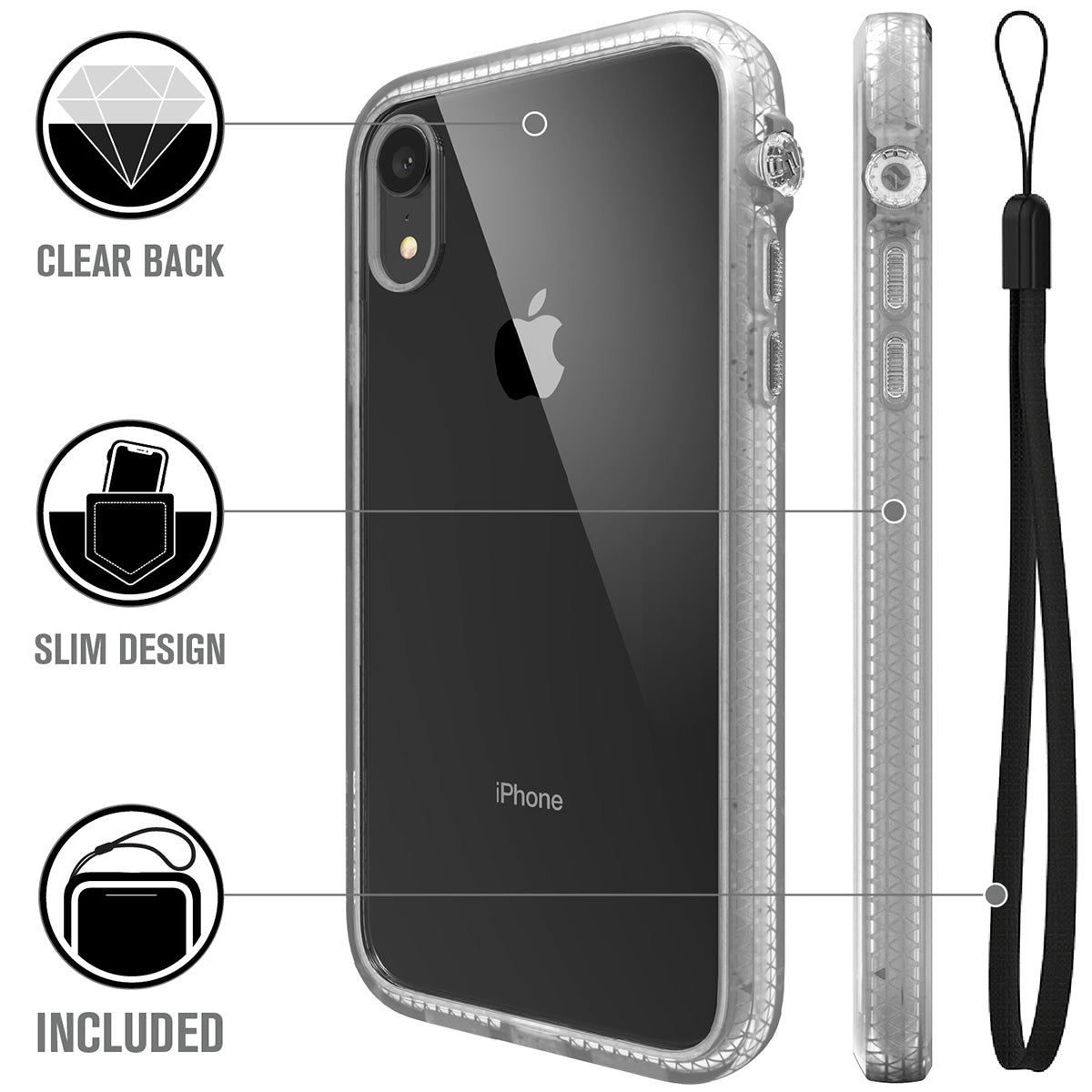 Catalyst Impact Protection Case for iPhone X/XR/Xs/Xs Max showing the back and side of the case with lanyard text reads clear back slim design lanyard included