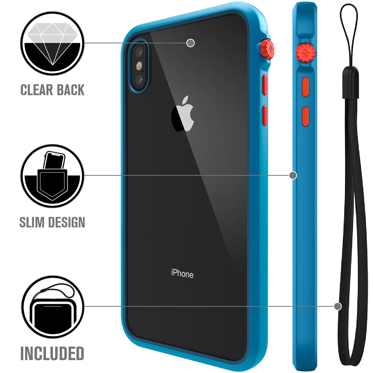 Catalyst Impact Protection Case for iPhone X/XR/Xs/Xs Max showing the back and side of the case with lanyard text reads clear back slim design lanyard included