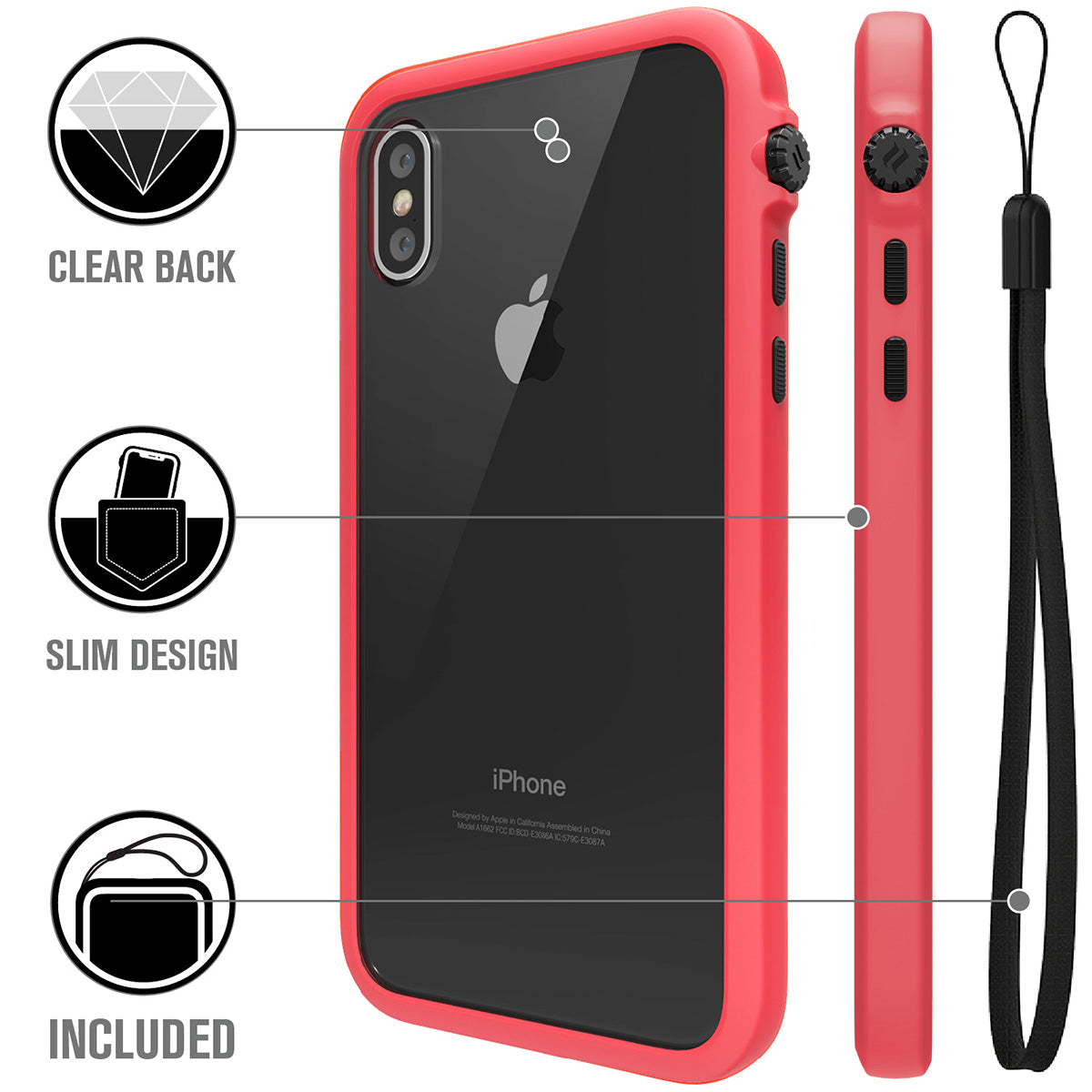 Catalyst Impact Protection Case for iPhone X/XR/Xs/Xs Max showing the back and side of the case with lanyard text reads clear back slim design lanyard included