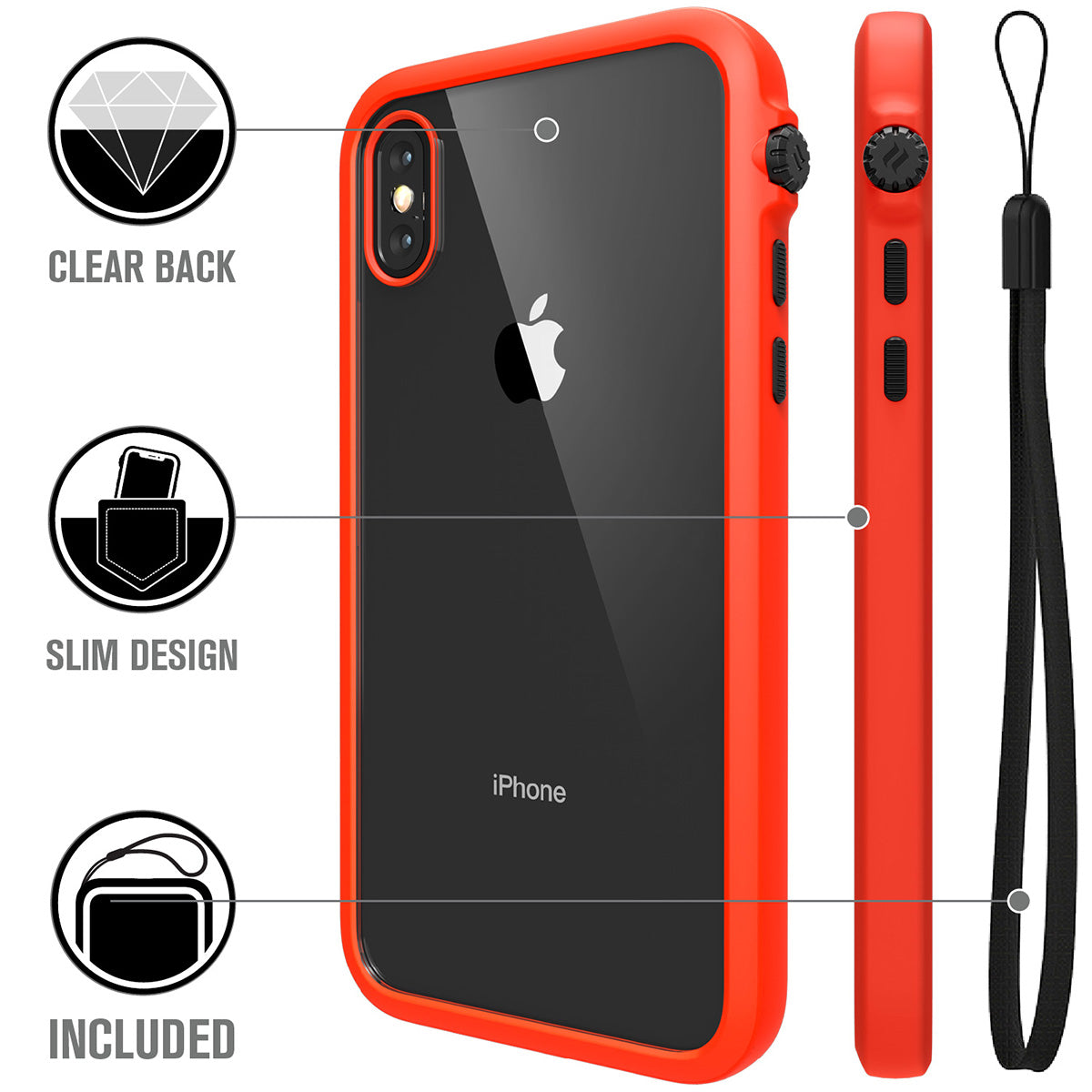 Catalyst Impact Protection Case for iPhone X/XR/Xs/Xs Max showing the back and side of the case with lanyard text reads clear back slim design lanyard included