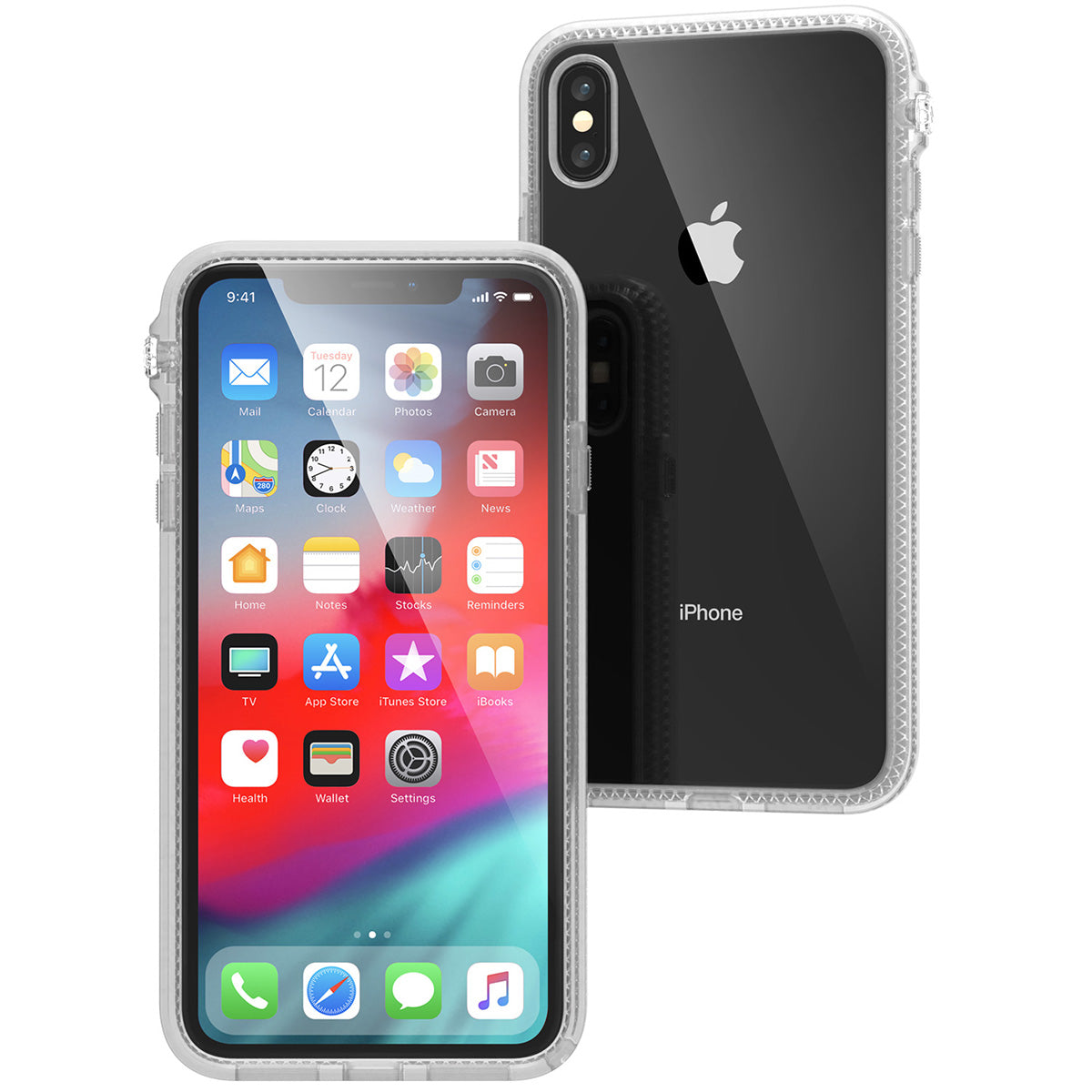 Catalyst Impact Protection Case for iPhone X/XR/Xs/Xs Max showing the front and back of the iphone with the catalyst case installed