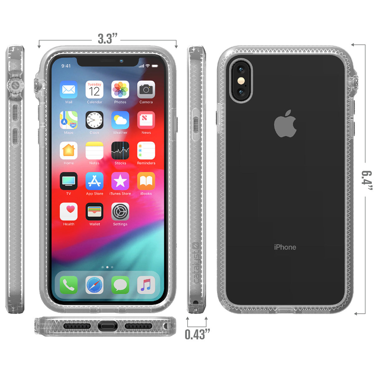 Catalyst Impact Protection Case for iPhone X/XR/Xs/Xs Max showing the front back bottom and side of the case