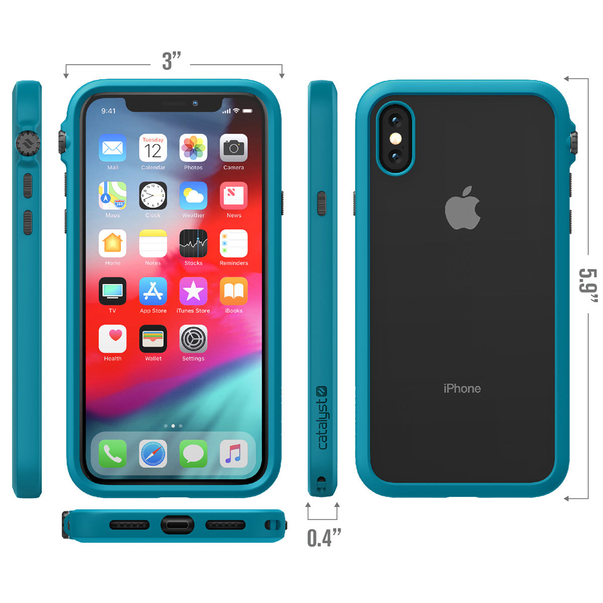 Catalyst Impact Protection Case for iPhone X/XR/Xs/Xs Max showing the front back bottom and side of the case